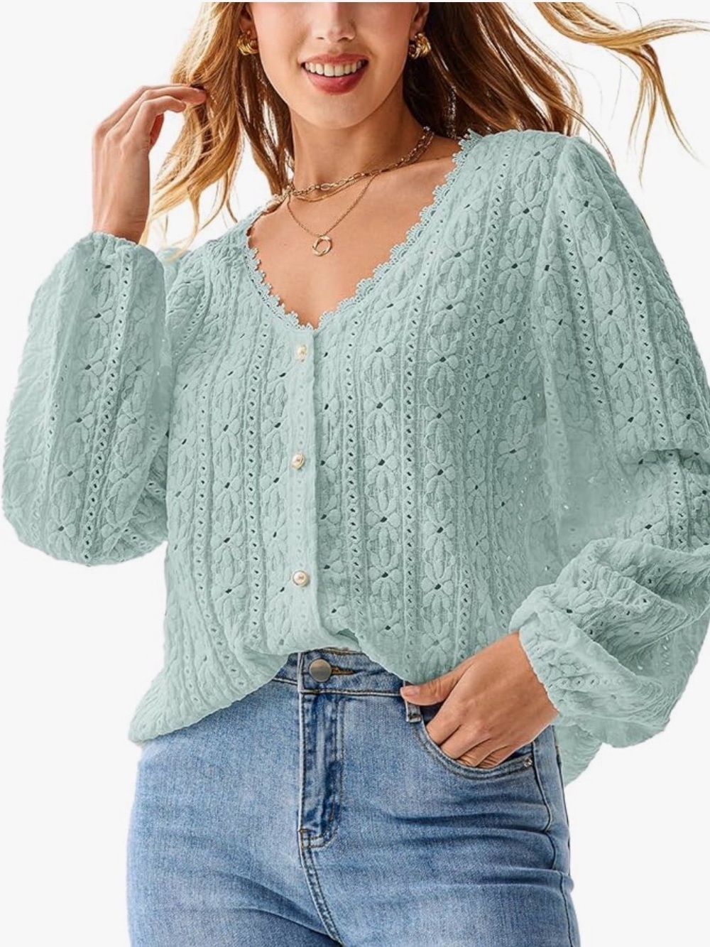 CUPSHE Women's Blouses Eyelet Tops Long Sleeves size XL - Picture 2 of 6